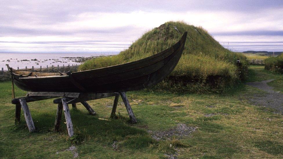 Replicas of Norse homes from about 1,000 years ago at L'anse Aux Meadows, Newfoundland, Canada