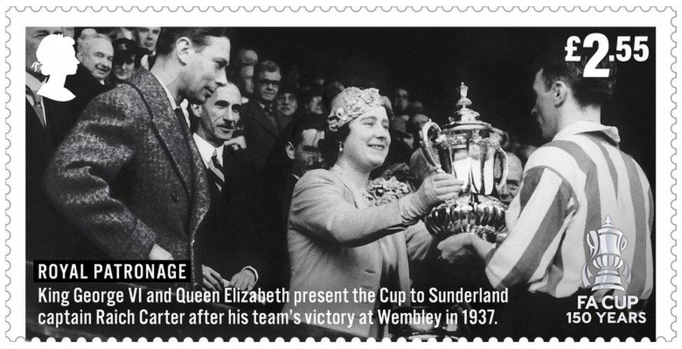 Undated handout photo issued by Royal Mail of the stamp showing Royal Patronage - King George VI and Queen Elizabeth presenting the trophy to Sunderland captain Raich Carter in 1937