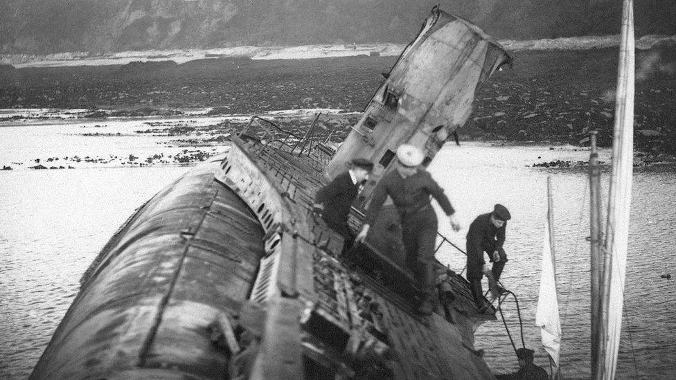 German U-boat on a beach in Falmouth