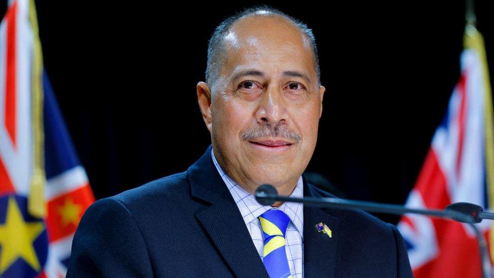 Premier of Niue Dalton Tagelagi speaks during a press conference at Parliament on July 21, 2022 in Wellington, New Zealand.