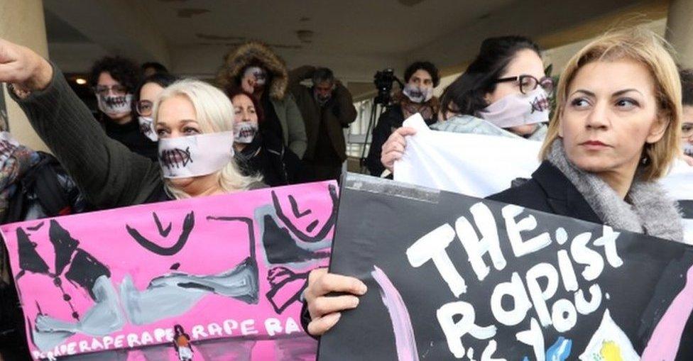 Protesters from the Network Against Violence Against Women were outside the court