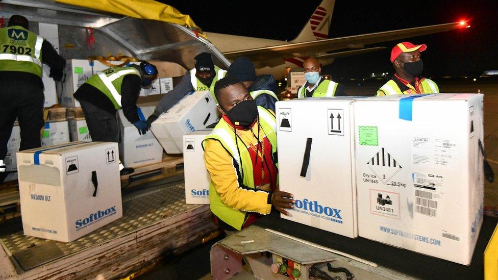 People unloading vaccines