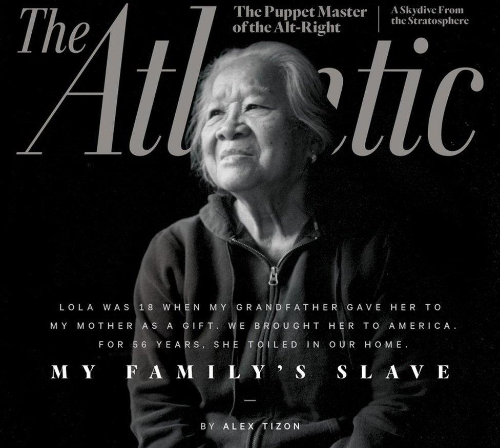 Image of the cover of June 2017's The Atlantic Monthly magazine, showing an elderly "lola" with the title "My family's slave"