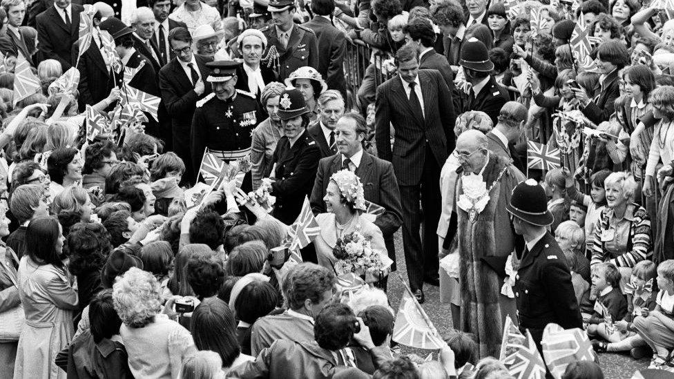 Queen Elizabeth II during her visit to Solihull during her Silver Jubilee tour, 27th July 1977