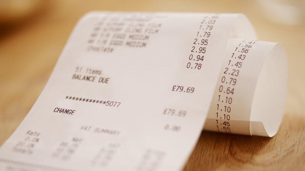 a photograph of a receipt with lots of items on it totalling up to £79.69