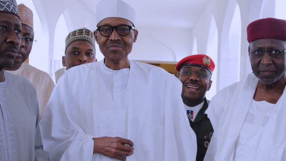 President Buhari appearing at the presidential villa on 5 May, 2017