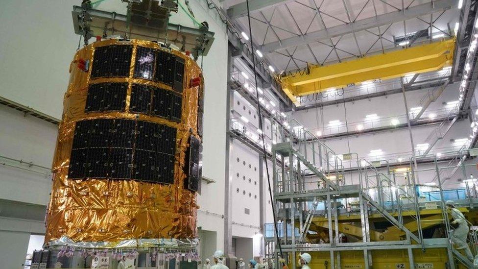 The HTV6, an unmanned cargo spacecraft, "Kounotori", or "stork" in Japanese, being assembled at the Tanegashima Space Center in Tanegashima island (July 2016)