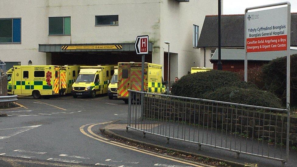 Ambulances outside Bronglais Hospital