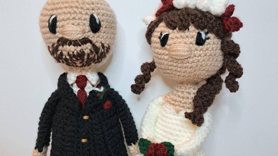 Bride and groom knitted doll