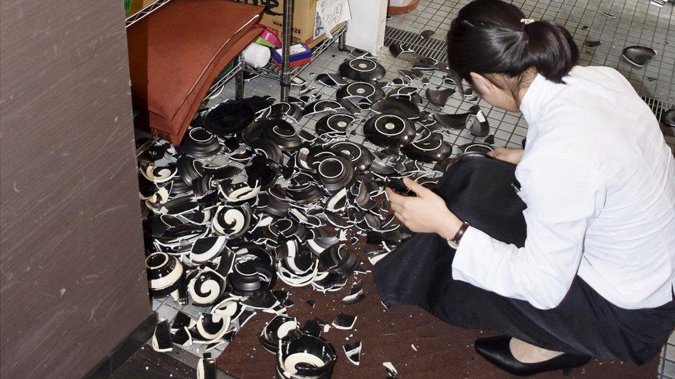 Broken dishes are seen at a restaurant after an earthquake in Kumamoto, southern Japan, in this photo taken by Kyodo April 14, 2016