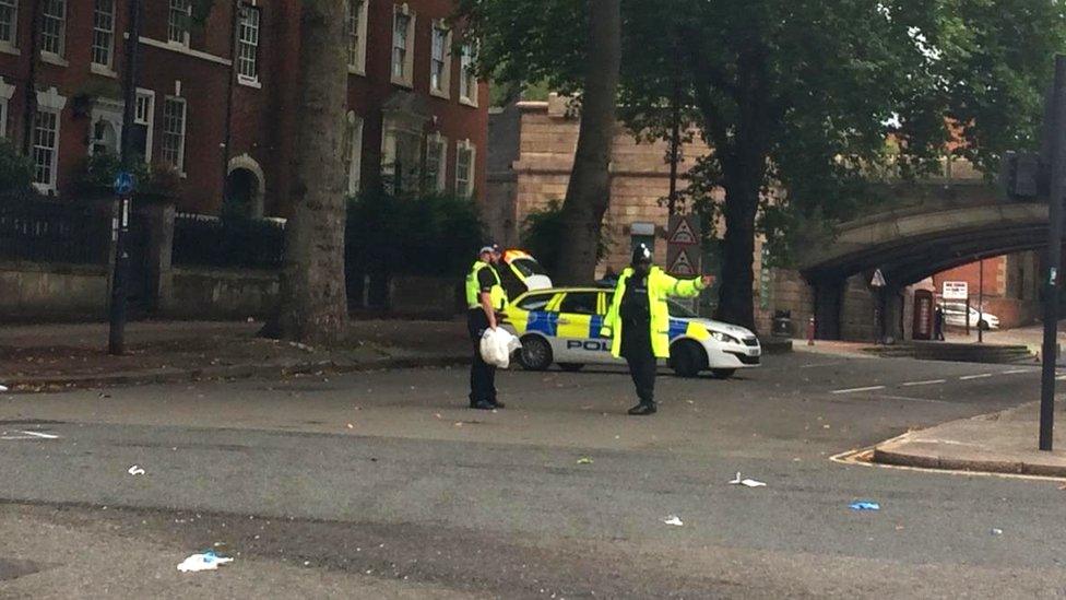 Police at the junction of Friar Gate and Stafford Street in Derby