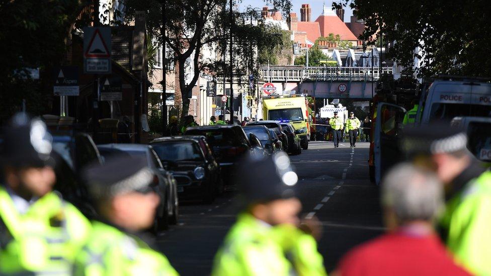 The emergency services are seen near the police cordon at Parsons Green Underground Station on September 15, 2017 in London, England. Emergency services are investigating reports of an explosion at the West London tube station. (