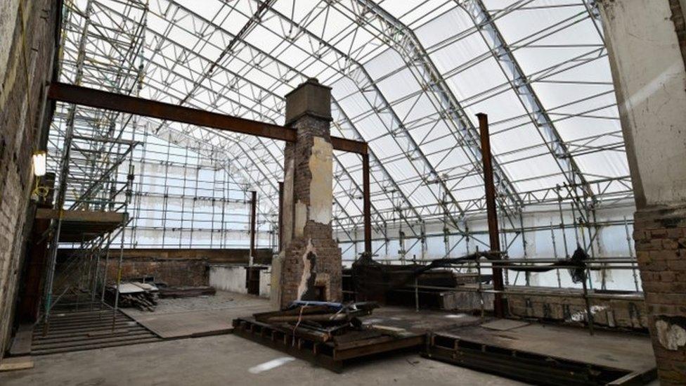 A view of repair work to top floor of the west wing of the Mackintosh building