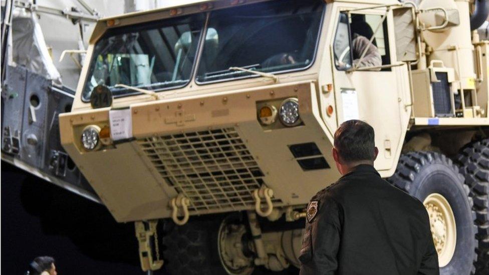 Parts of the Thaad system arrive at Osan Air Base in Pyeongtaek, South Korea (7 March 2017)