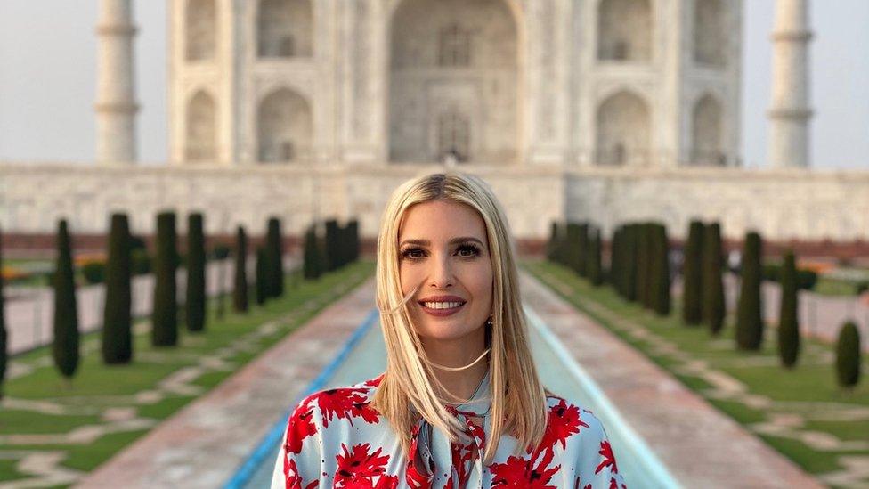 Ivanka Trump sits on the marble bench in front of the Taj Mahal alone during a visit to India last week