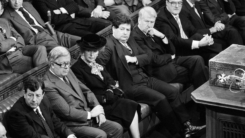 Margaret Thatcher and her cabinet on the government front bench in the House of Commons, 12 November 1986