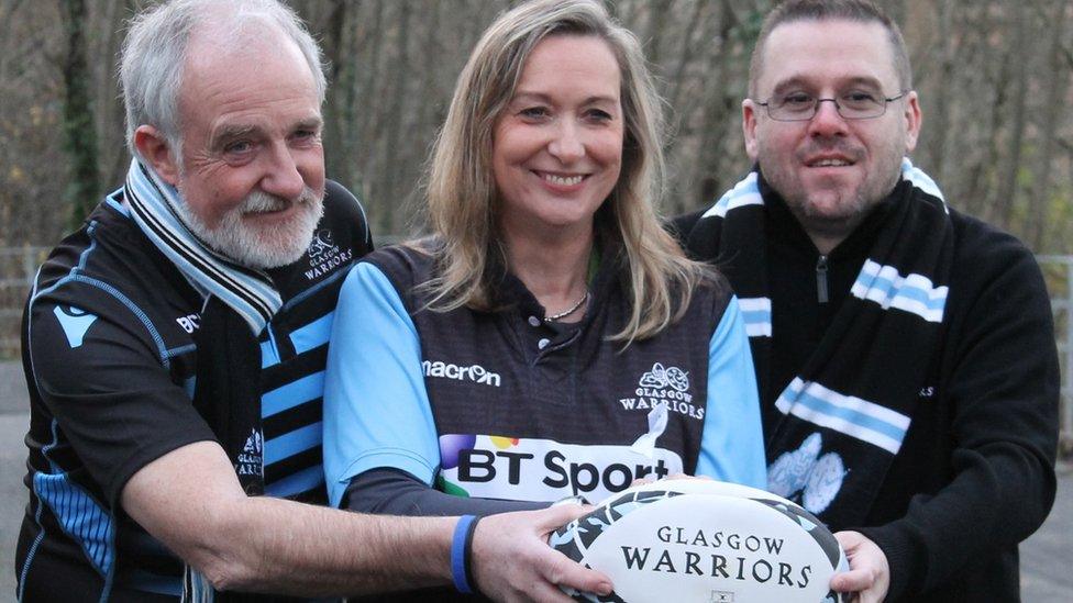 Kirsti Hay of Glasgow's Violence Against Women Partnership with Robert Stewart (l) and Ross Currie of the XVIth Warrior Supporters Group