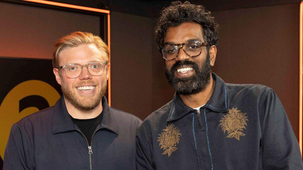 Rob Beckett and Romesh Ranganathan in the BBC Radio 2 studio