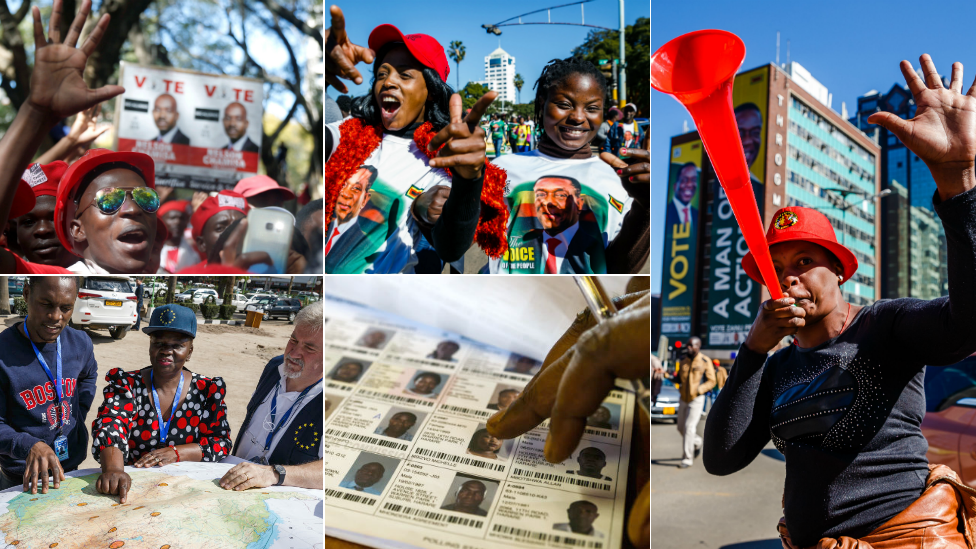 Top left: MDC supporters (Reuters). Top centre: Zanu-PF supporters (AFP). Left an MDC supporter with a vuvuzela by a large Zanu-PF electoral poster (AFP). Bottom left: EU election observers (AFP). Bottom centre: Voters' roll (AFP)