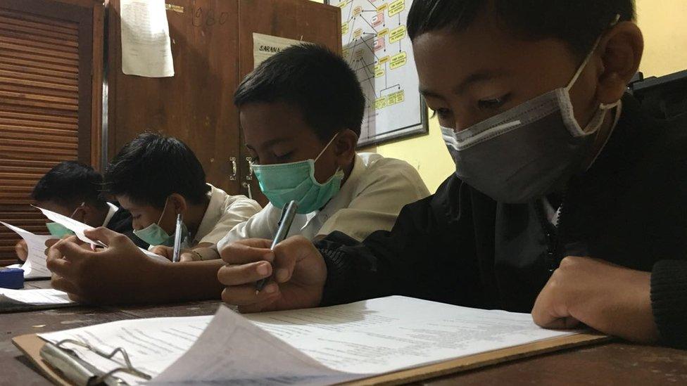 Balinese schoolchildren wearing masks