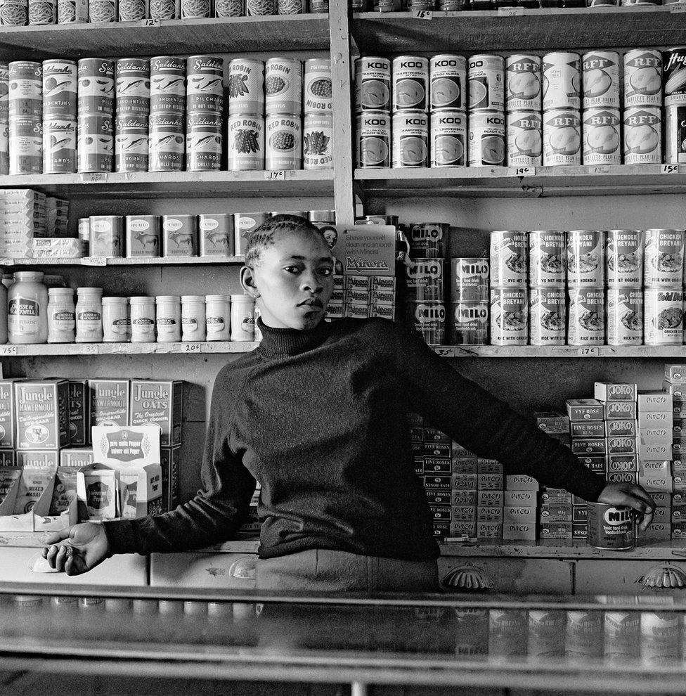 Shop assistant, Orlando West, Soweto, Johannesburg in 1977.