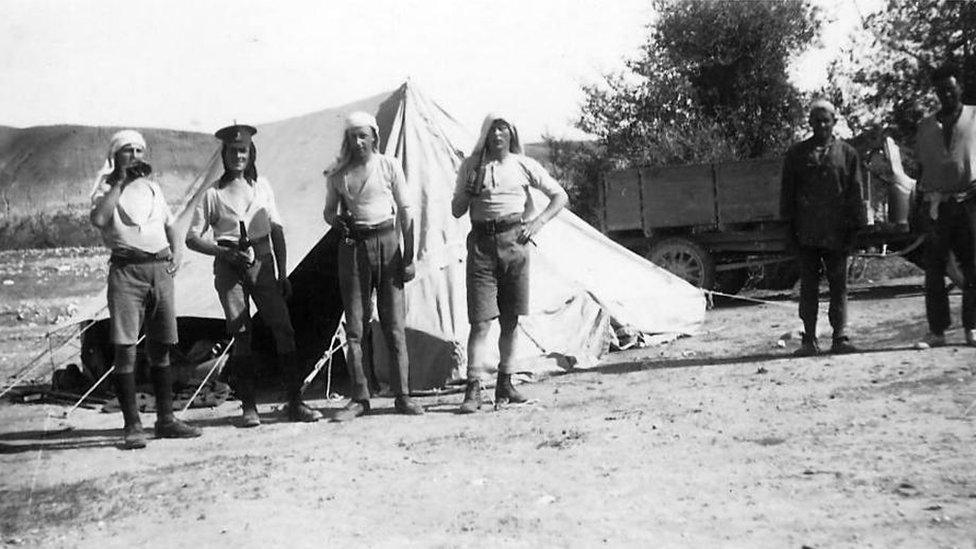 Members of the gendarmerie cool off while on patrol outside Nablus in 1923