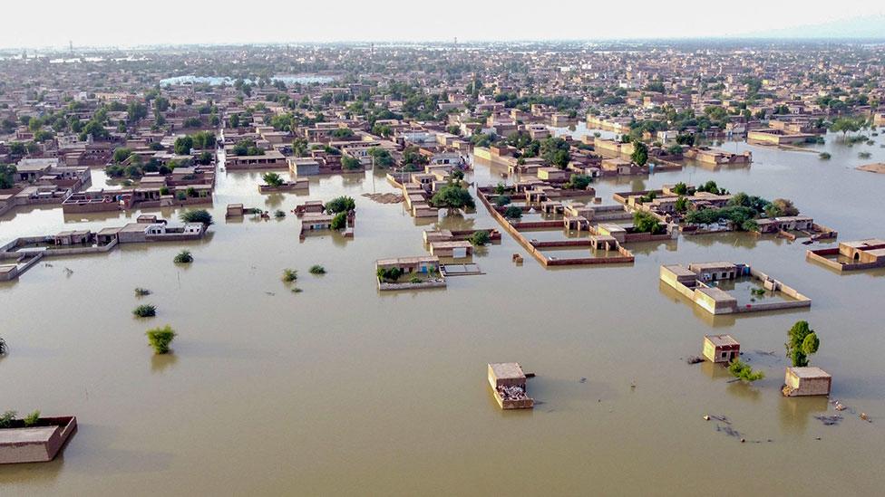 Flooded buildings in Balochistan