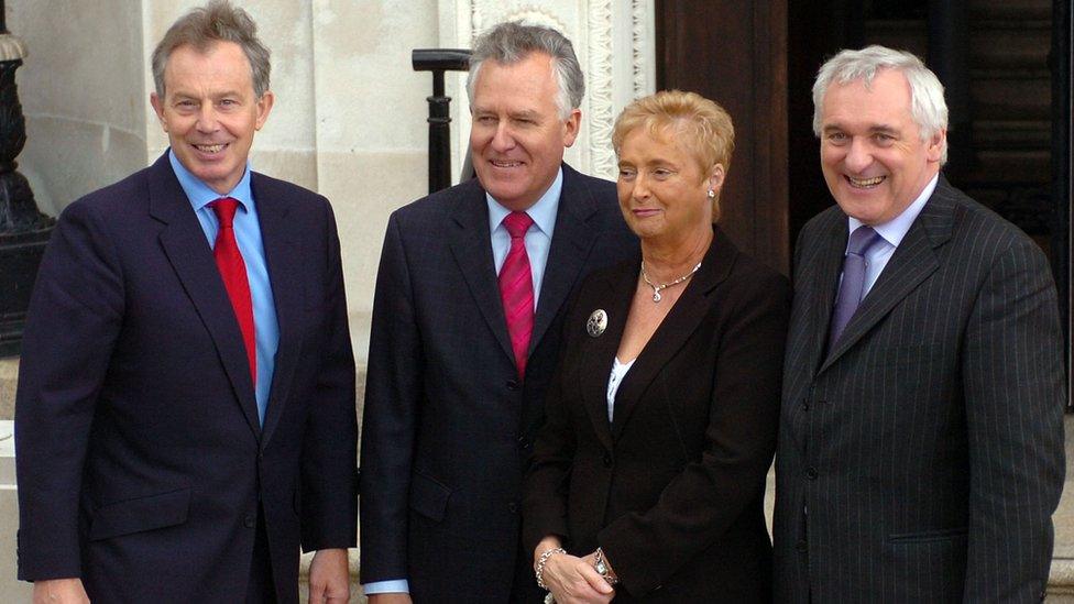 Eileen Bell, seen here in 2003 with Tony Blair, Peter Hain and Bertie Ahern,