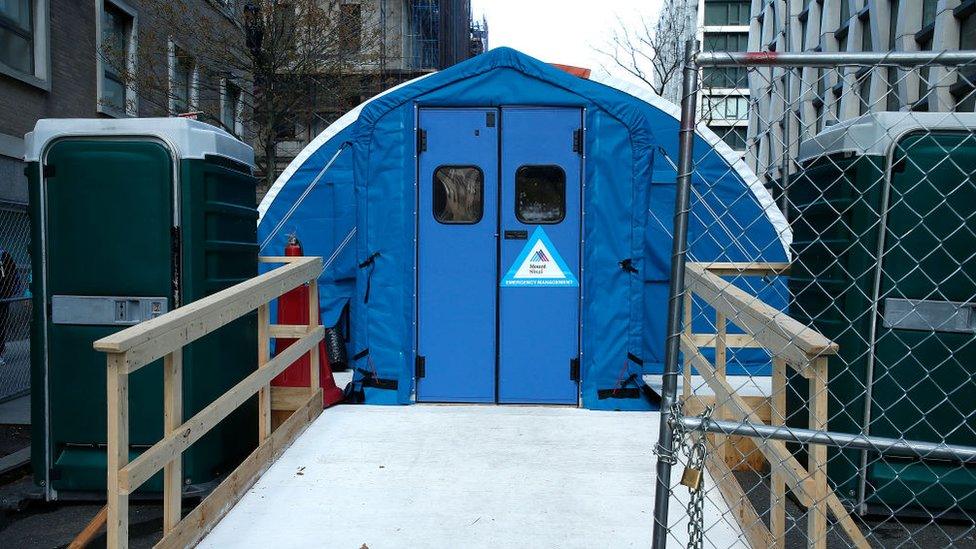 A temporary morgue seen in April set up in front of Mt Sinai Hospital to accommodate the high number of deaths due to the coronavirus