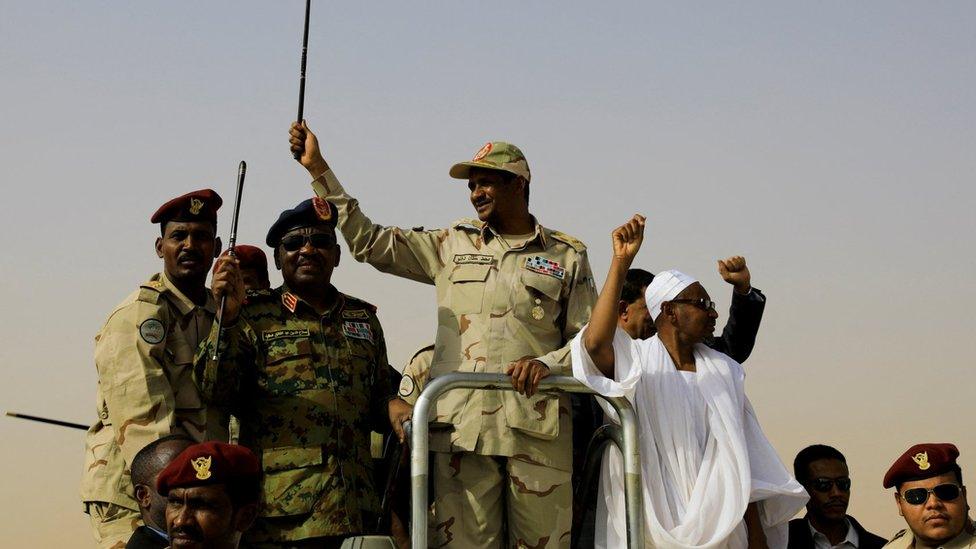 General Dagalo (centre) greets supporters near Khartoum. Photo: June 2023