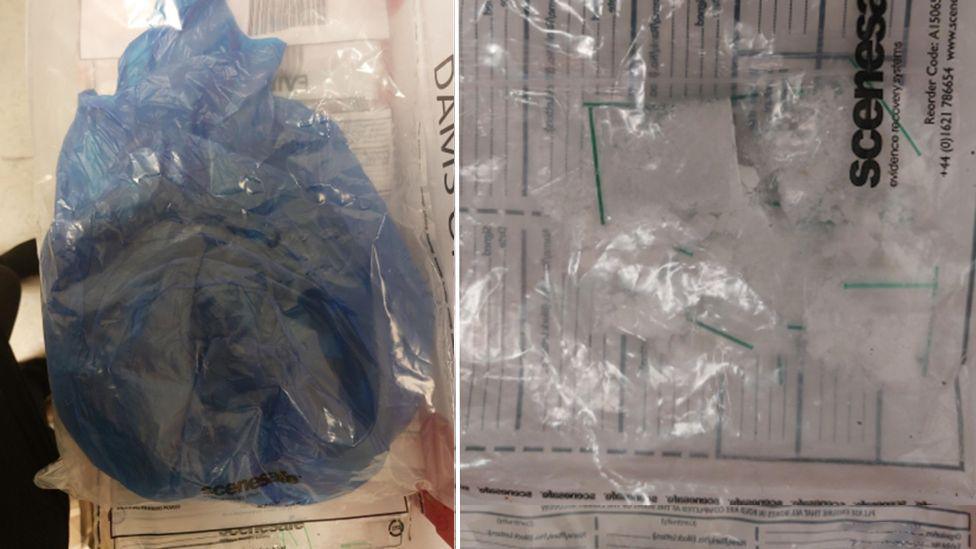 Two images of packages of drugs side by side. Both are resting on white paper. One is a white powder substance and the other is in a black bag. 