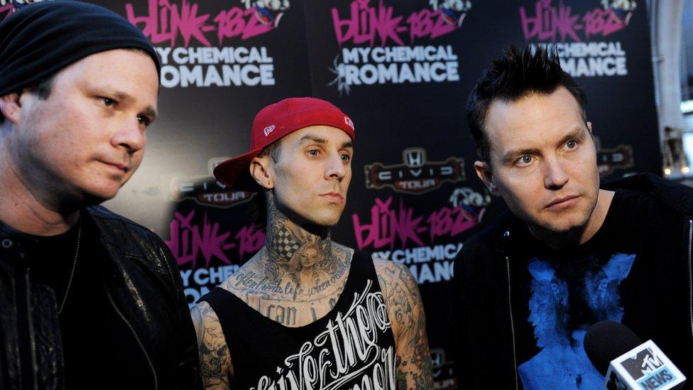 Musicians Tom DeLonge, Travis Barker and Mark Hoppus of blink-182