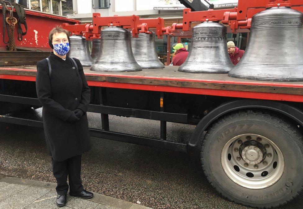 The Reverend Heidi Huntley with the recast bells