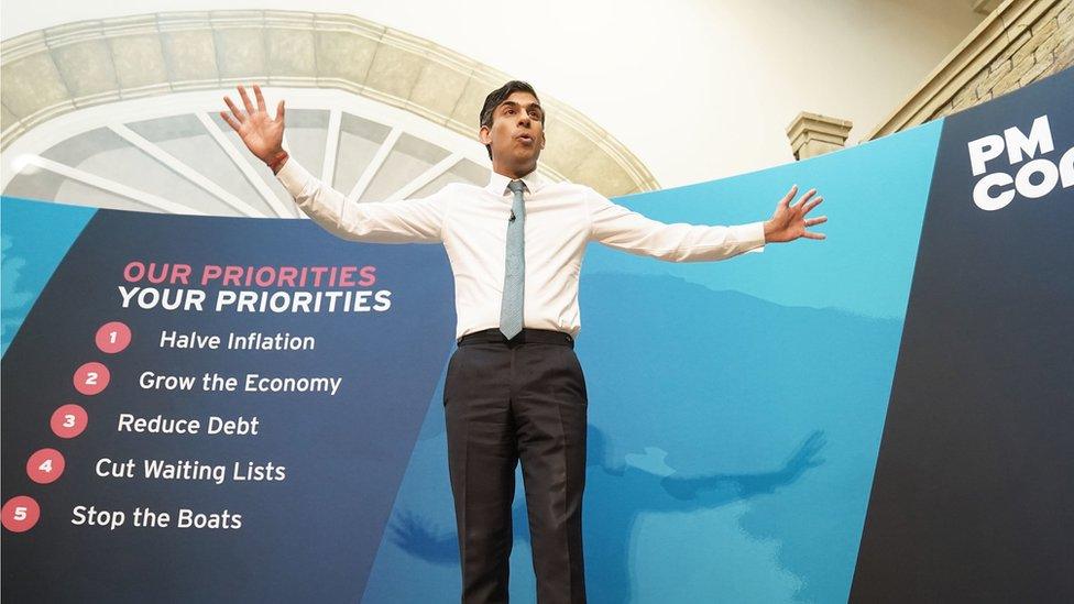 Rishi Sunak next to a list of his priorities