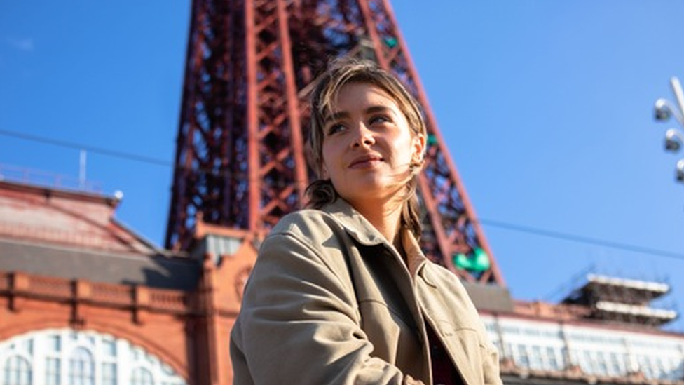 Sally Molloy in front of the Blackpool Tower