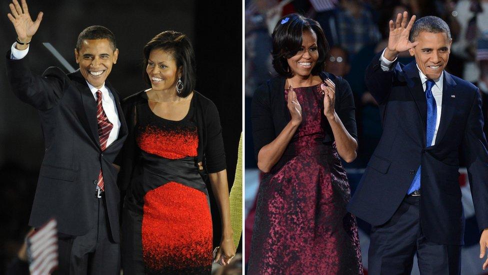 The Obamas on election night 2008 and 2012