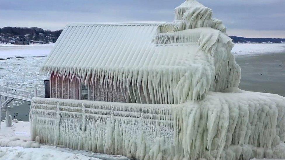 A pier building covered in ice