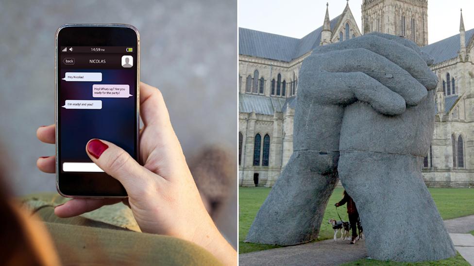 A composite image of a mobile phone and The Kiss sculpture at Salisbury Cathedral