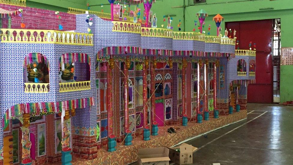 Paper mansion for funeral offering in Medan, Indonesia