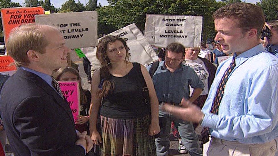 The then Welsh Secretary William Hague talks to protestors after revealing his preferred M4 relief road route in July 1995