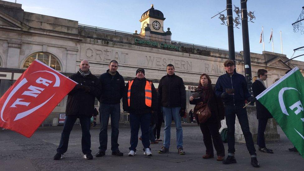 RMT protestors outside Cardiff Central station