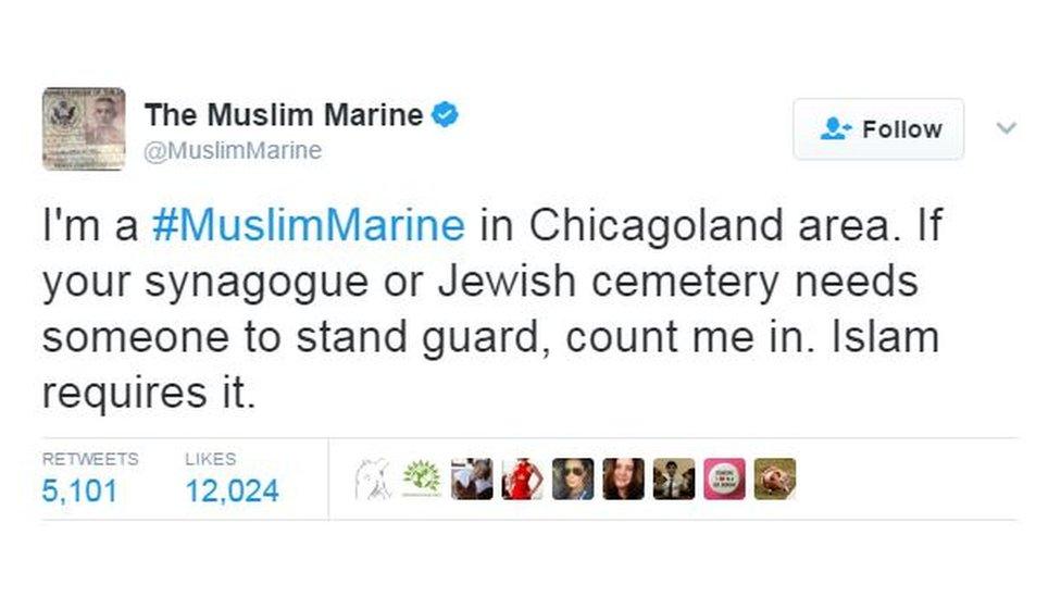 Tweet reads: I'm a #MuslimMarine in Chicagoland area. If your synagogue or Jewish cemetery needs someone to stand guard, count me in. Islam requires it.