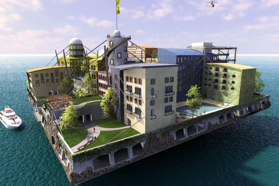 A computer generated image of a seastead structure that won a previous design contest held by the Institute