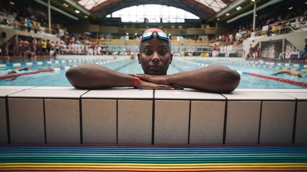 Ugandan swimmer Clare Byarugaba poses during the swimming competition at the 2018 Gay Games