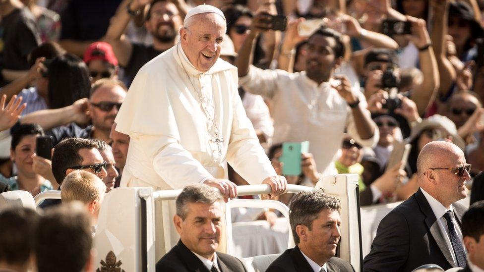 Pope Francis arrives at his General Weekly Audience in St. Peter's Square on August 29, 2018 in Vatican City,