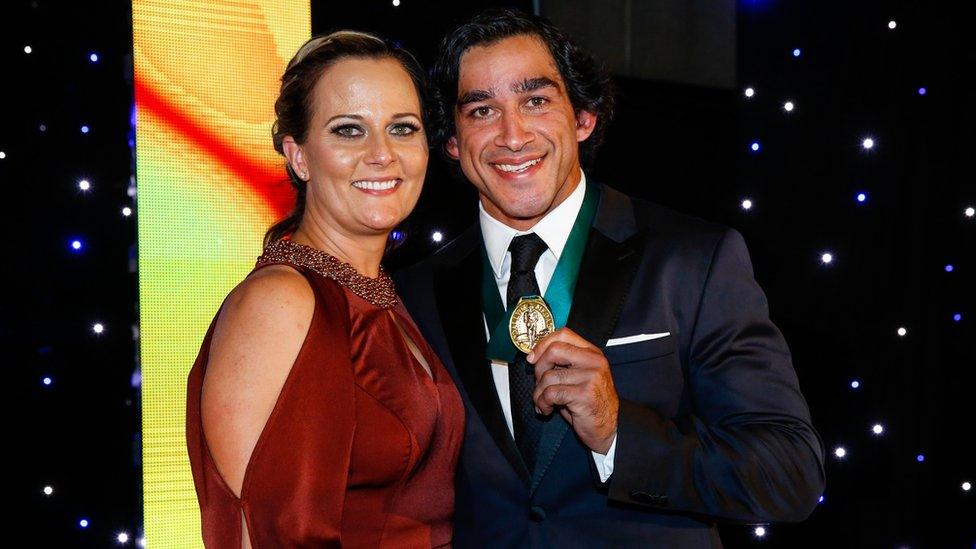 Johnathan Thurston poses with his partner Samantha Lynch after winning the 2015 Dally M Medal at Jupiters Casino on 28 September 2015 in Townsville, Australia.