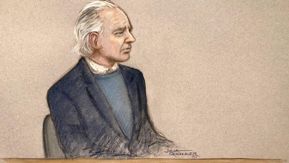 A court sketch of Julian Assange at his extradition hearing at Westminster Magistrates court