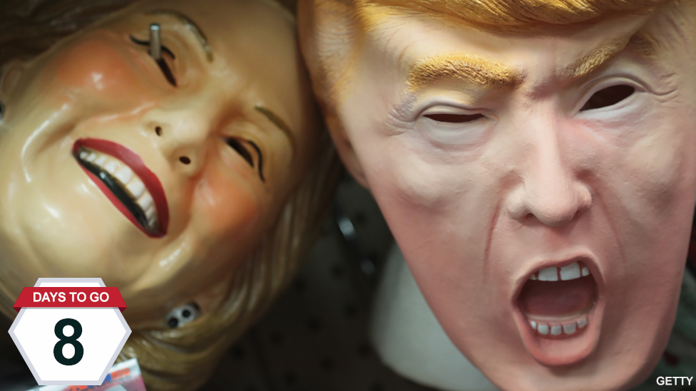 Masks depicting Donald Trump and Hillary Clinton at a costume shop in Chicago, Illinois - 19 October 2016