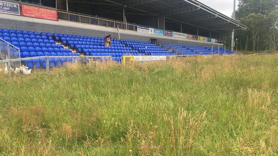 Long grass and weeds growing in front of the main stand at the Riverside Stadium