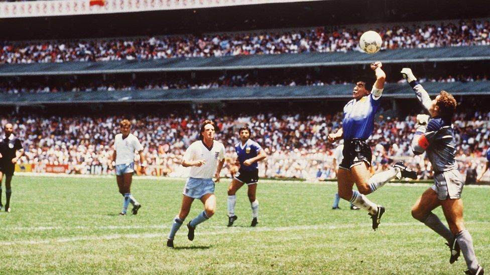 England goalkeeper Peter Shilton and Diego Maradona's "hand of God" moment in the 1986 Mexico World Cup